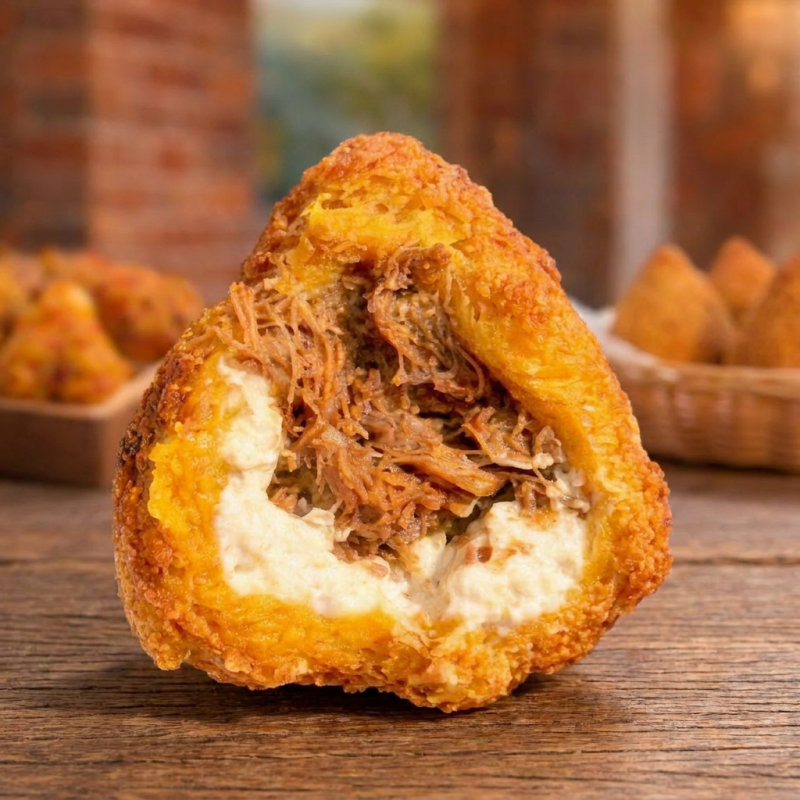 Massa de coxinha sequinha, recheio de costela e creme cheese aproximadamente 350g uma big coxinha