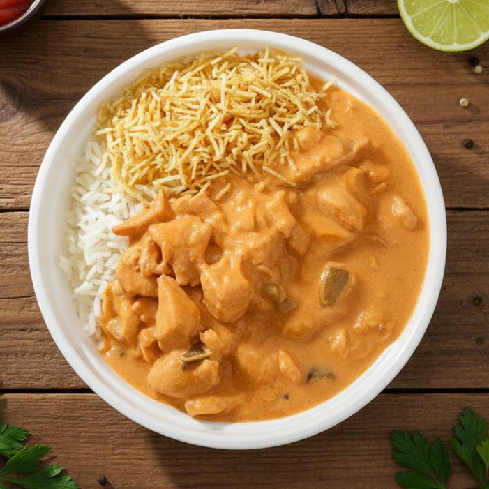 Marmita composta por: Arroz, batata palha e strogonoff de frango.
Peso aproximado: 400g a 450g