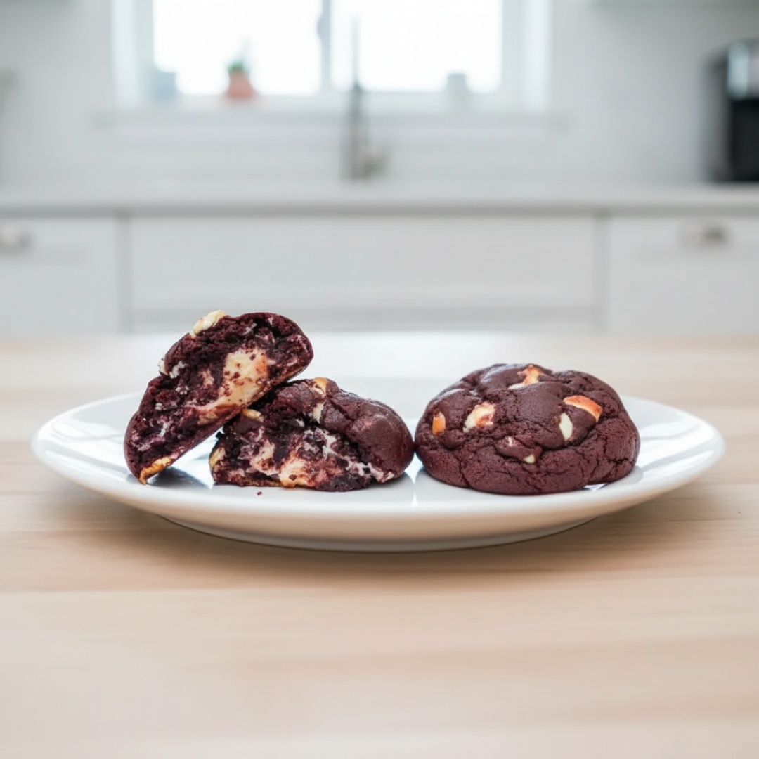 Massa de red velvet com gotas de chocolate branco nobre e recheio de brigadeiro branco com cream cheese
