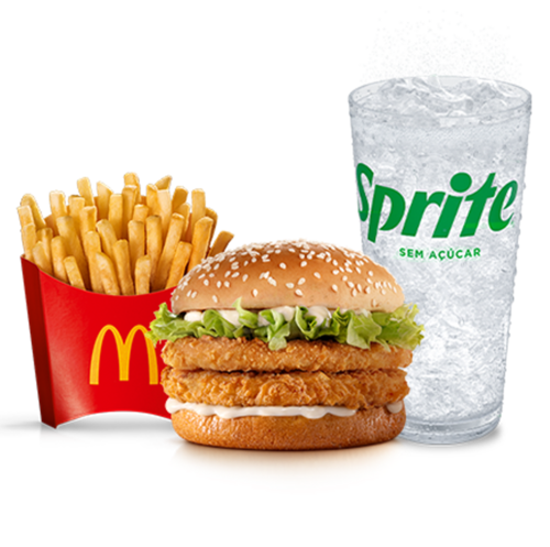 Composto por dois empanados com frango, maionese, alface americana e pão com gergelim, acompanhamento e bebida.