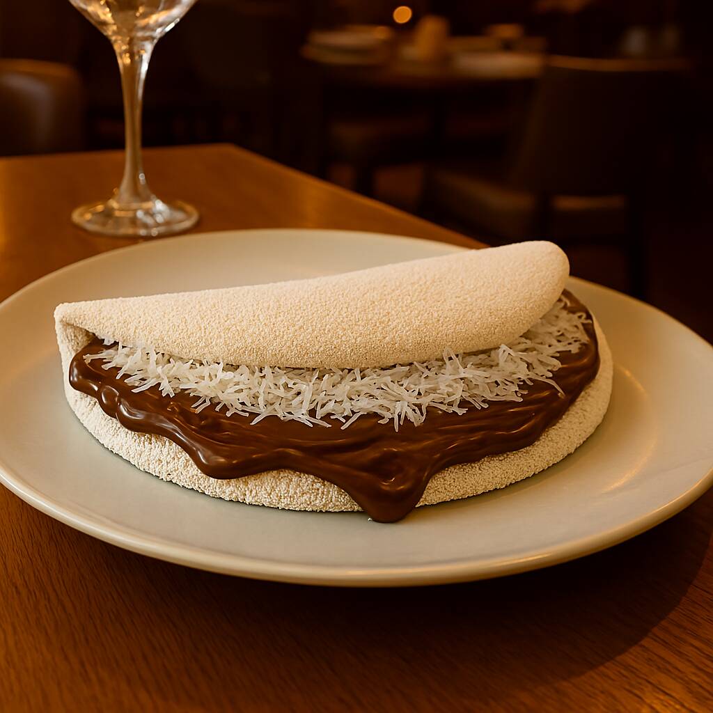 Massa Artesanal, Chocolate trufado e Coco ralado. Tags: pizza, hambúrguer, xis, sushi, churrasco, massas, tapioca, açaí, lanches, comida japonesa, comida chinesa, comida árabe, comida caseira, comida saudável, comida vegetariana, comida vegana, comida light, comida rápida, almoço, jantar, lanche, festa, sem glúten, sem lactose, sem açúcar, low carb, keto, fitness, nutritivo, bebida, sobremesa,