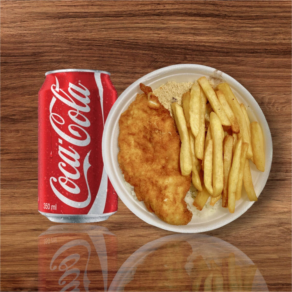 Marmita acompanha, arroz branco, feijão preto, farofa e fritas. Acompanha 1 Coca-Cola Lata.