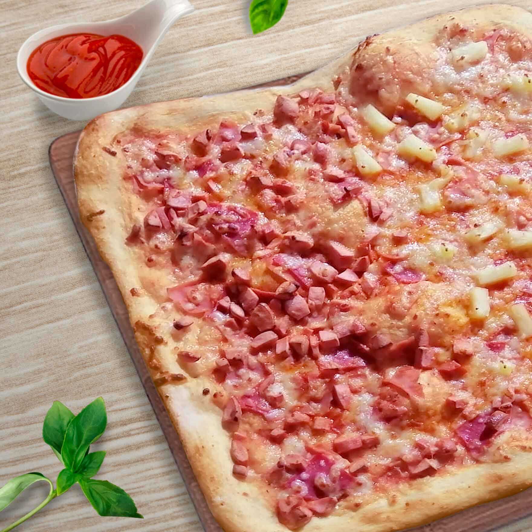 Pizza maxi hawaiana mitad jamon salchicha