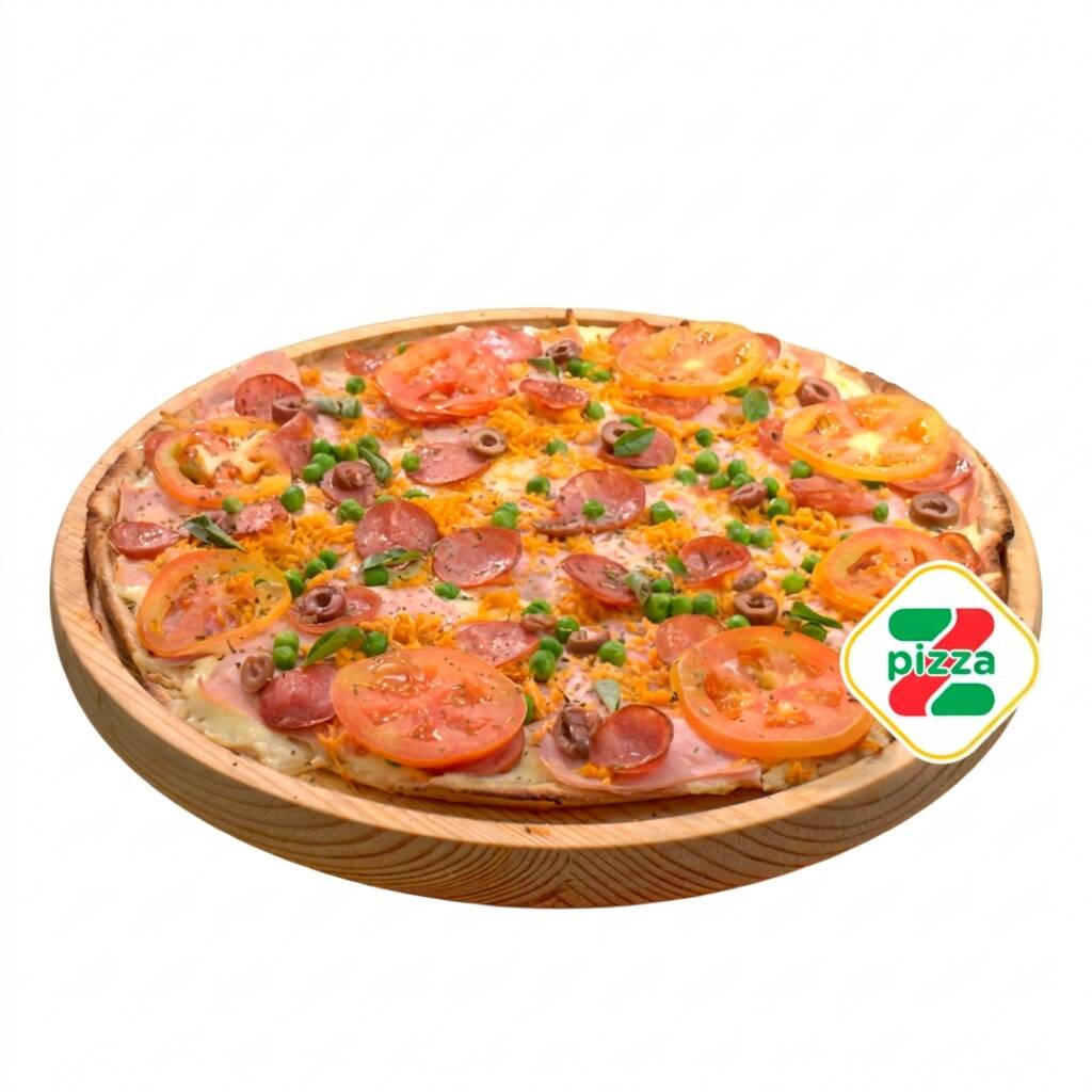 Massa-Molho-Mussarela-Presunto-Calabresa-Frango-Azeitona-Ervilha-Tomate-Orégano-Manjericão