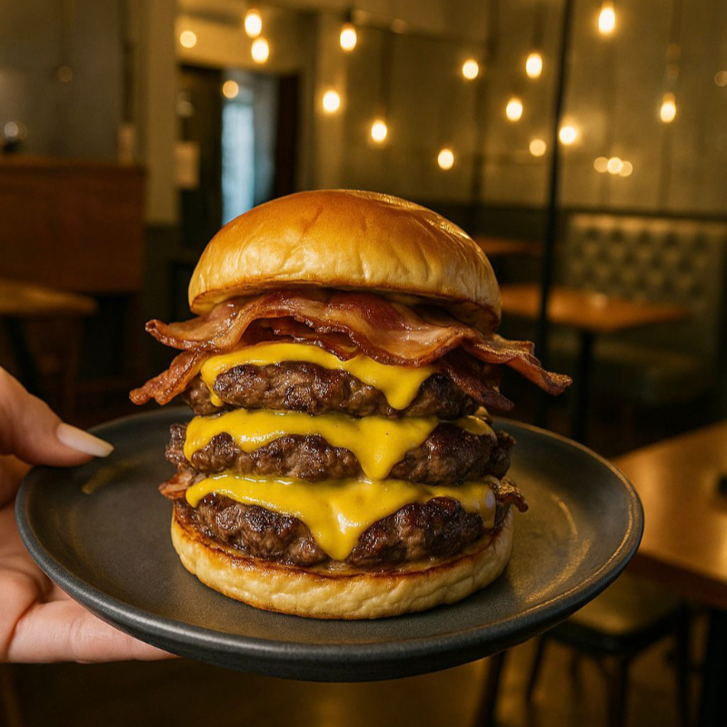 Pra quem gosta de fartura!! Pão brioche, 3x Blend Angus, 3x Queijo Cheddar Fatiado, 3x Bacon Fatiado e Maionese Aioli para finalizar