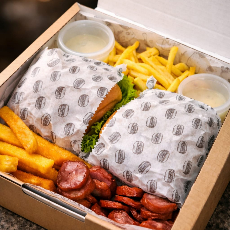 2 X Salada, 150g De Batata, 150g Polenta, 150g Calabresa. Acompanha a deliciosa maionese da casa.