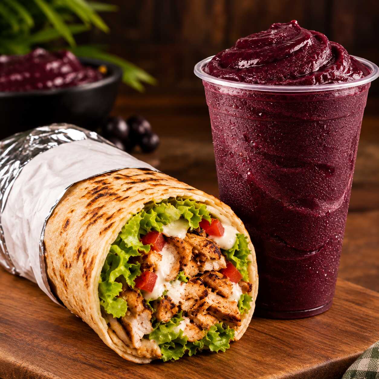 shawarma simples mais batida de açai deliciosa