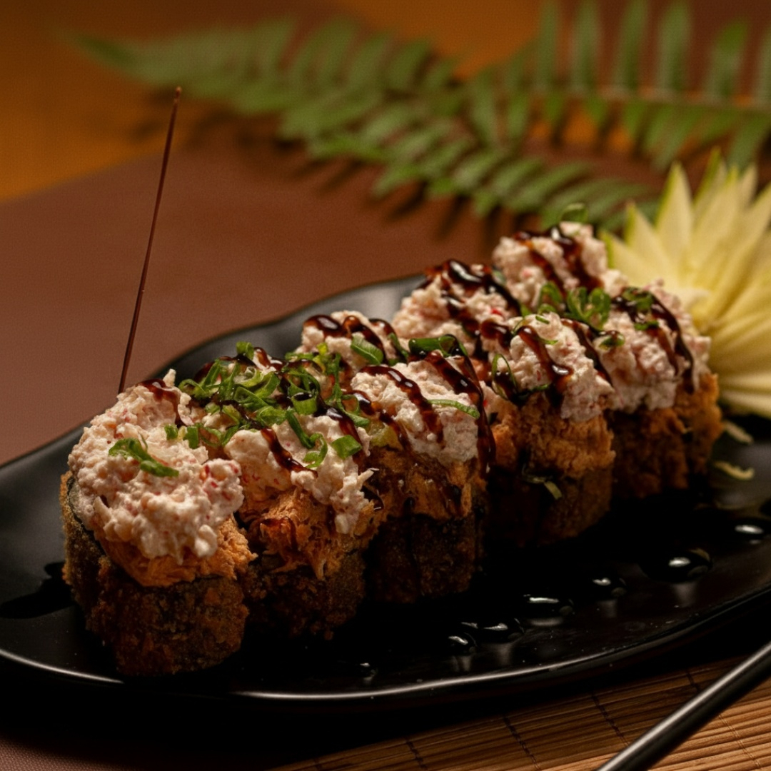 Sushi empanado com cobertura de salmão grelhado, kani, cream cheese, cebolinha e finalizado com molho tare.