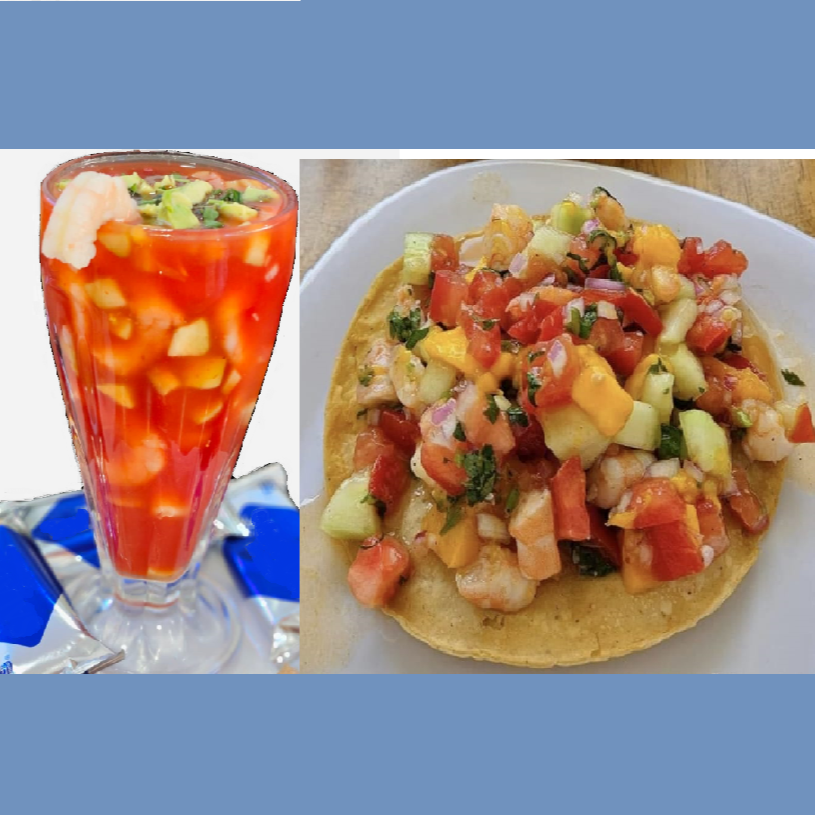 COCTEL Y TOSTADA DE CEVICHE DE CAMARÓN CON MANGO