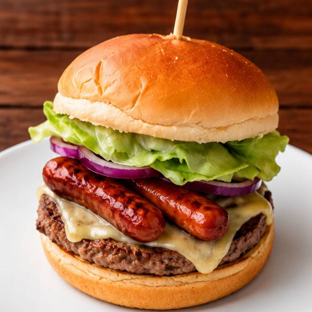 Pão, hamburger de carne bovina 120g, maionese especial, ovo, alface, tomate, cebola, bacon, salsicha e mussarela,