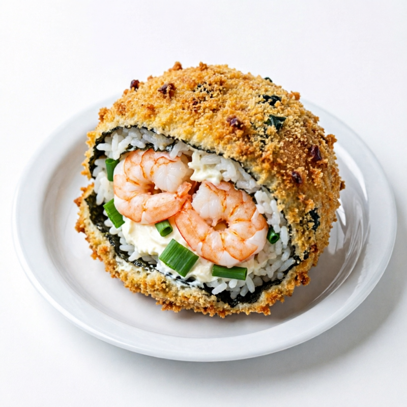 Camarão, cream cheese, arroz japonês e cebolinha envoltos em alga com cobertura crocante de farinha Panko