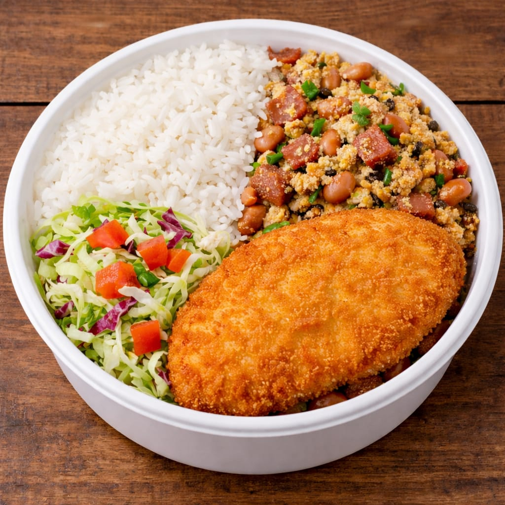 Deliciosa marmita composta por arroz branco soltinho, feijão tropeiro bem temperado, salada fresca de repolho com tomate e um bife de frango à milanesa crocante e dourado, preparado na hora para garantir muito sabor e qualidade.