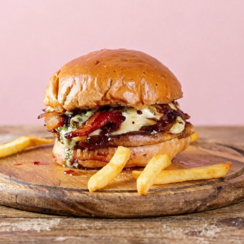 Burguer bovino de aproximadamente 150g, queijo coalho gratinado, cebola caramelizada, bacon, melaço de cana, molho da casa de ervas no pão batata.