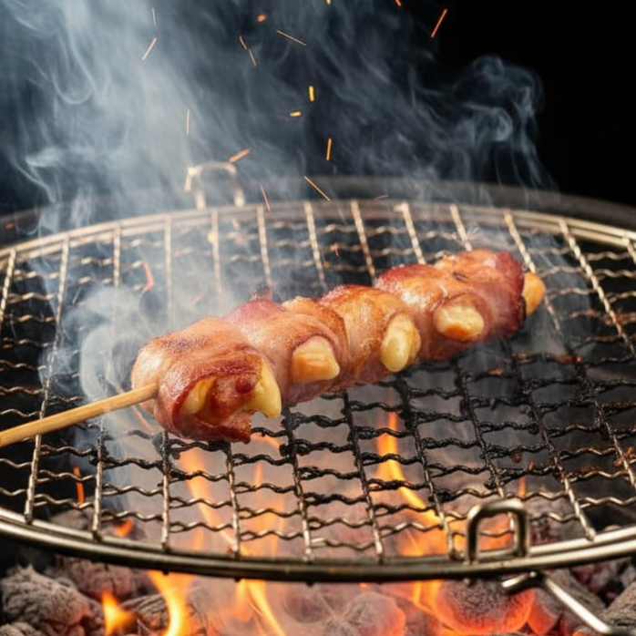 Medalhao de provolone são 5 pedaços de provolone enrolado ao bacon, uma explosao de sabor. aprox 80g