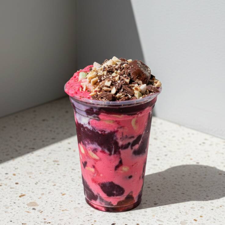 Delicioso açaí cremoso servido no copo de 400ml, combinado com uma camada irresistível de mousse de morango, banana fresca e pedaços de Ouro Branco, proporcionando uma mistura perfeita de cremosidade, frescor e crocância. Uma opção deliciosa para adoçar o seu dia!