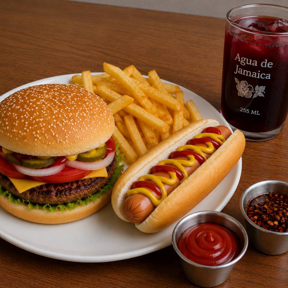 Una Hamburguesa, Un Hot Dog, Porción Papas y Agua.