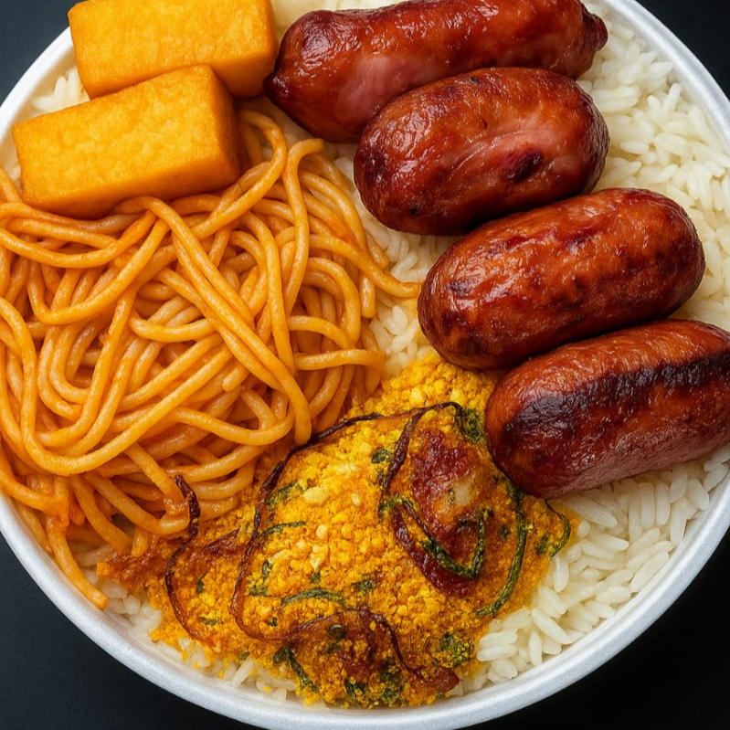 Arroz feijão farofa 1 guarnição do Dia e linguiça toscana assada