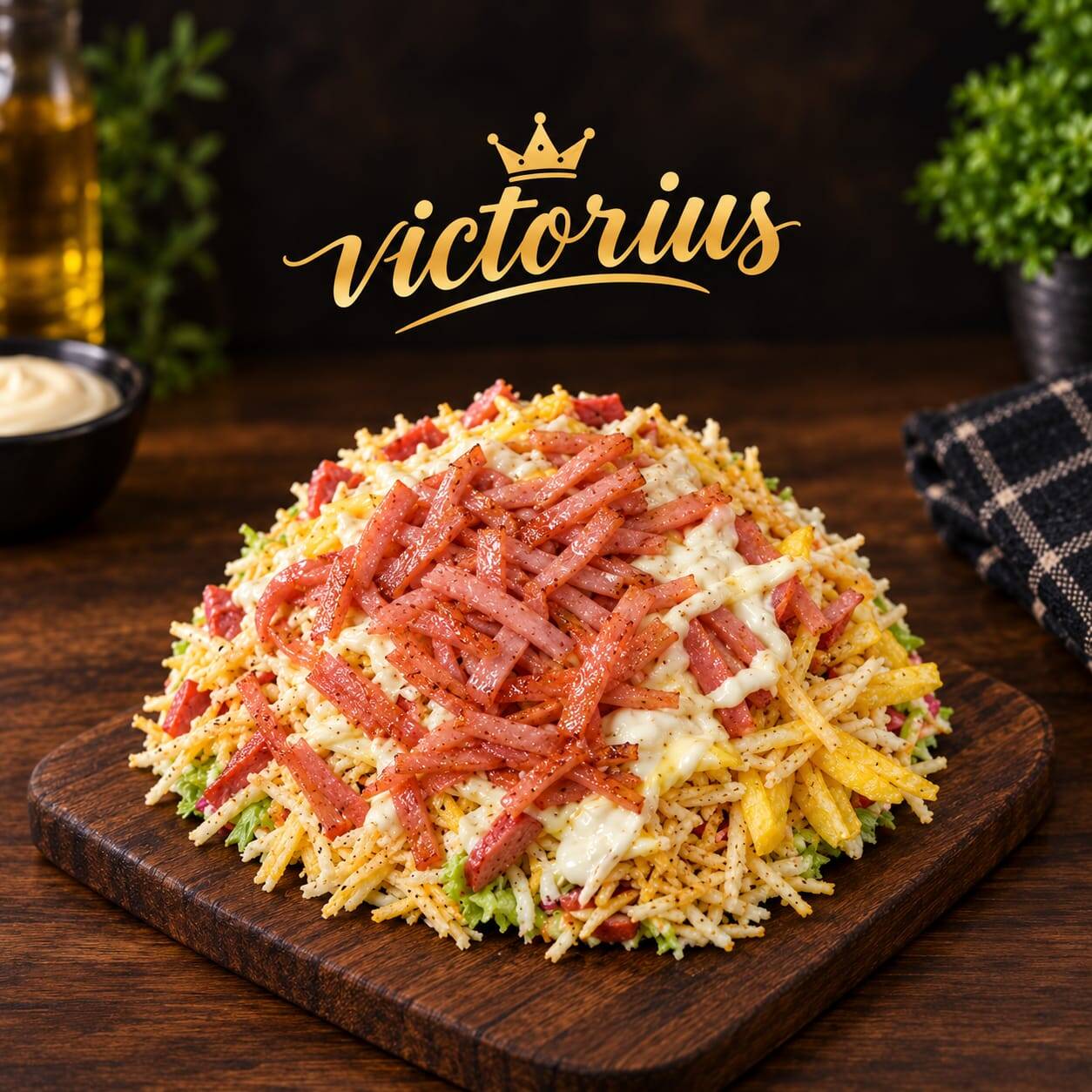 Salchipapa gratinada con jamon