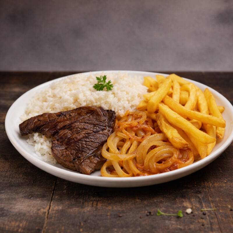 Bife acebolado suculento, acompanhado de arroz, feijão temperado, macarrão, legumes fresquinhos, batata frita crocante, farofa da casa e uma salada refrescante. Preparada com muito carinho para você!