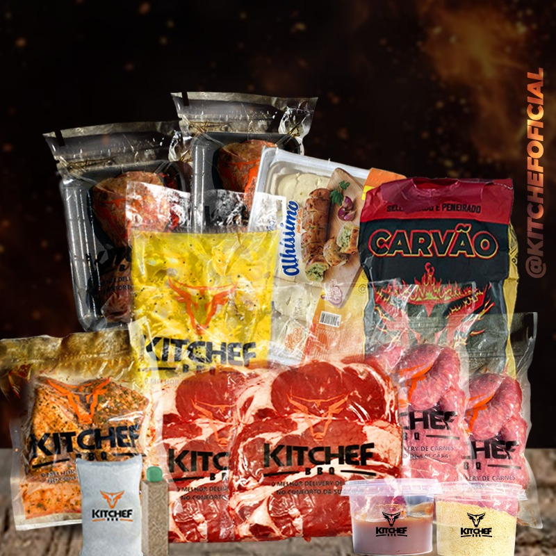 1KG DE CONTRA FILÉ / 1KG DE LINGUIÇA SUÍNA / 900G DE TULIPA TEMPERADA / 500G DE CORAÇÃO / PÃO DE ALHO / SAL GROSSO / CARVÃO / ACENDEDOR / ESPETOS / MOLHO BARBCUE / FAROFA