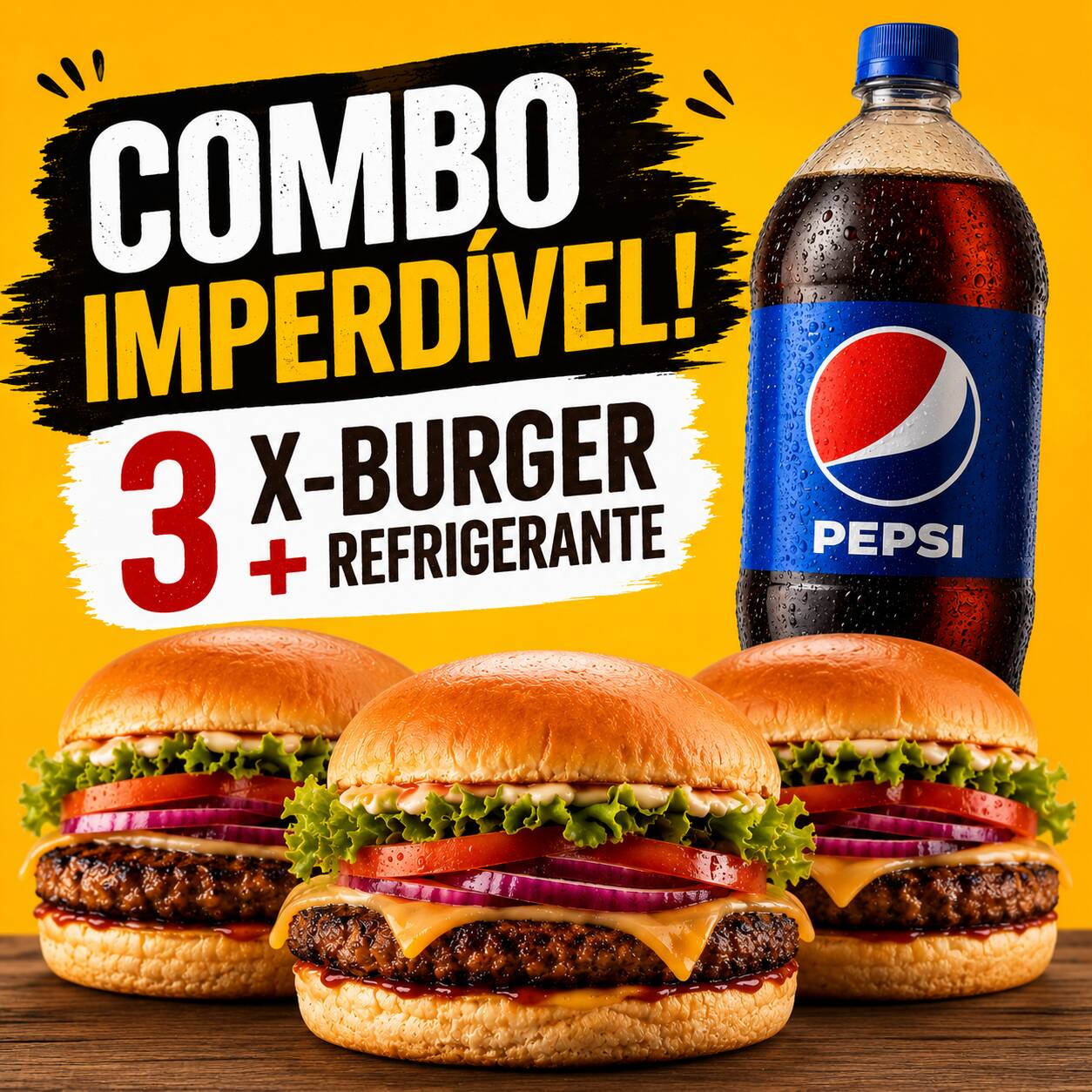 3 X BURGER : PÃO , CARNE , QUEIJO , MOLHO E SALADA + REFRI LITRO