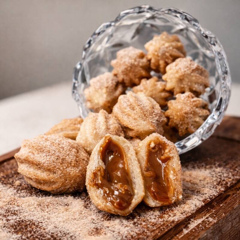 Mini churros crocantes, recheados com doce de leite cremoso. Um doce irresistível, perfeito para quem ama sabor intenso e aquele toque caseiro.