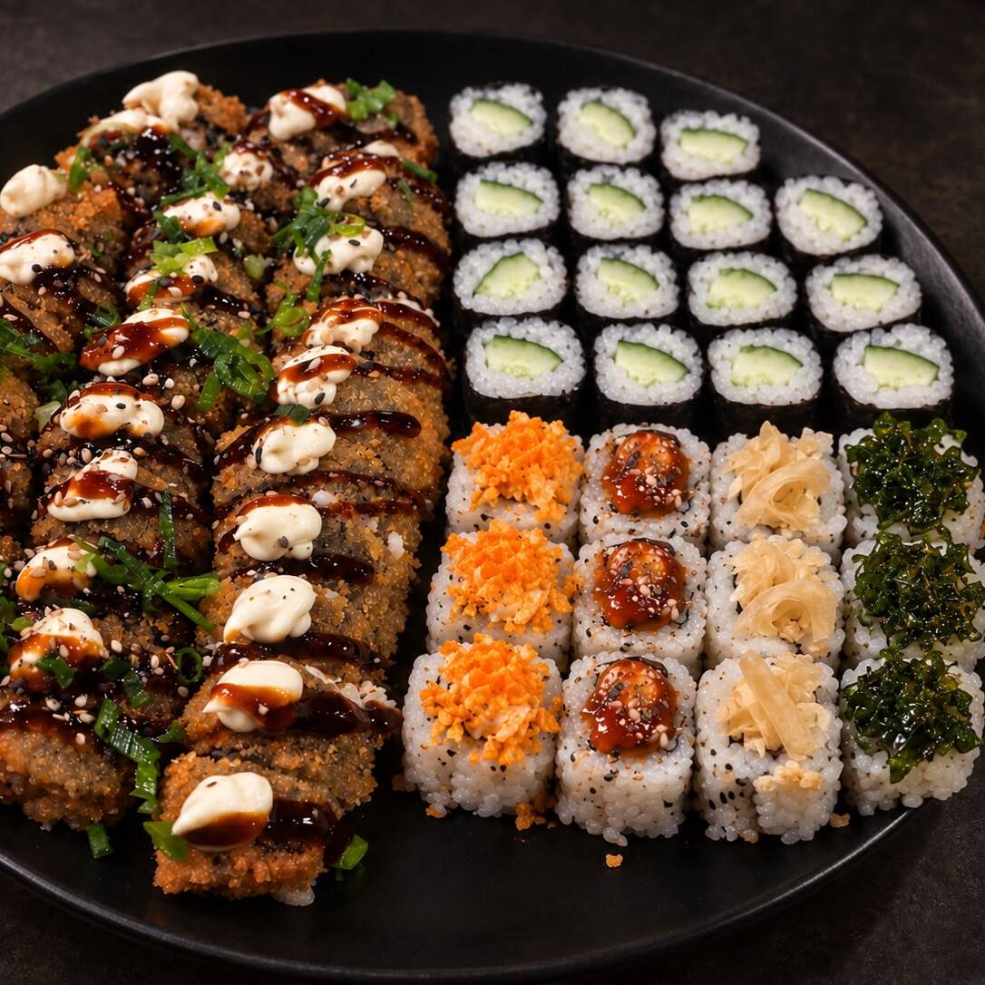 Combinado Kazu - 60 peças
• 30 Hot Holls
• 18 Hossomakis de pepino
• 3 Uramakis de Salmão Grelhado com Cream Cheese e Doritos
• 3 Uramakis Grelhados com Cream Cheese e Couve Crocante
• 3 Uramakis Grelhados com Cream Cheese e Crispy de Harumaki
• 3 Uramakis Grelhados com Cream Cheese e geleia de pimenta
Total: 60 peças
✨ Sabores para compartilhar