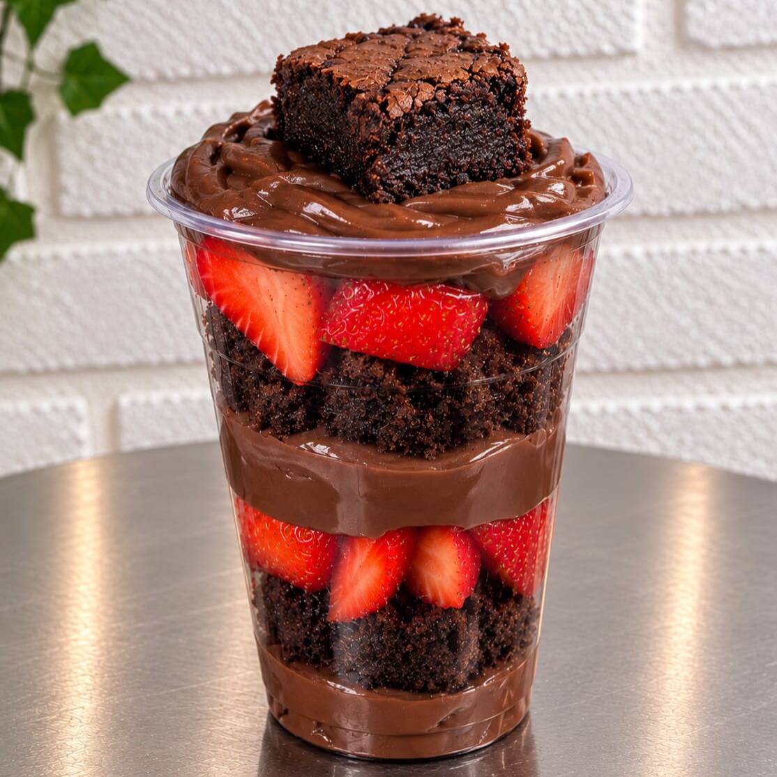 Nosso copo Brawnie e choco Belga tem pedaços de Brawnie com morangos e choco Belga cremoso . Tamanho 250 ml já inclua no seu pedido.