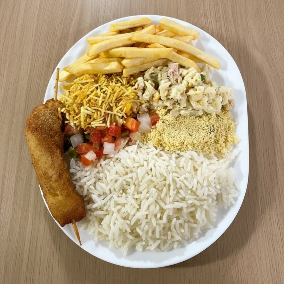 Prato executivo com arroz, salpicão, macarronese, batata frita, farofa, molho à campanha e banana à milanesa com 1 espeto.