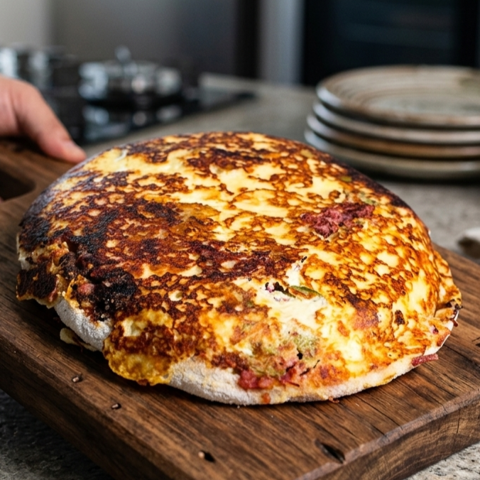 Essa nossa tapioca maior da casa enorme ,vai em uma marmita recheada com ovo presunto, calabresa ovo ,mussarela, frango ,bacon ,tomate ,cebola ,milho,cheddar, catupiry molho ,especial da casa e aquela mussarela gratinada para finalizar