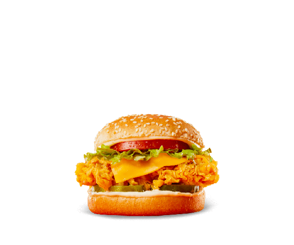 Filé 100% peito de frango empanado e crocante com fatia de queijo, alface, tomate, picles e maionese do Popeyes.