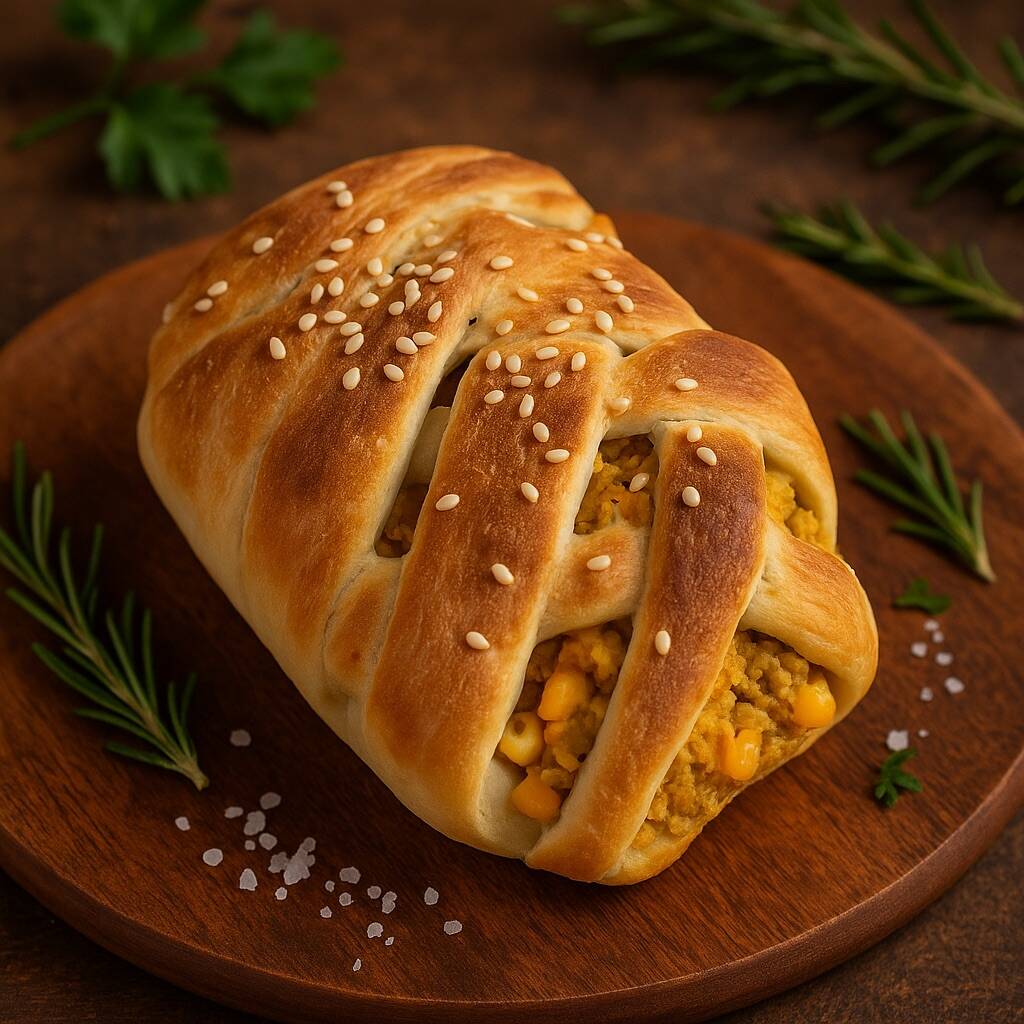 Massa macia e douradinha em formato de trança, recheada com frango desfiado, milho e requeijão cremoso. Combinação equilibrada, cremosa e bem temperada, com recheio farto do começo ao fim.