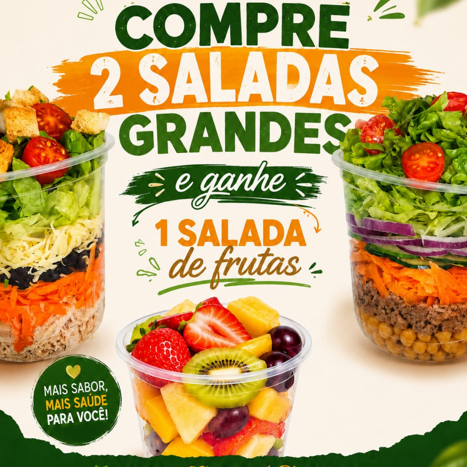 Na compra de 2 saladas G, Você ainda leva sem custo 1 pote de salada de frutas Pequeno, aquele mesmo de 350 ml. Podendo dar a diferença do valor e aumentar o pote da sua salada de frutas. Essa é sensacional, e voce vai ficar fora dessa ?!