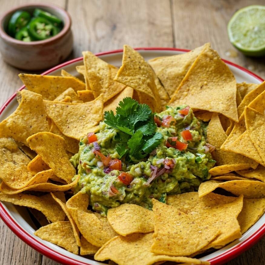 Tortilhas de milho crocantes fritas na hora, servidas quentinhas com o nosso clássico guacamole artesanal super fresco e temperado no ponto certo. Simples, fresco e viciante!