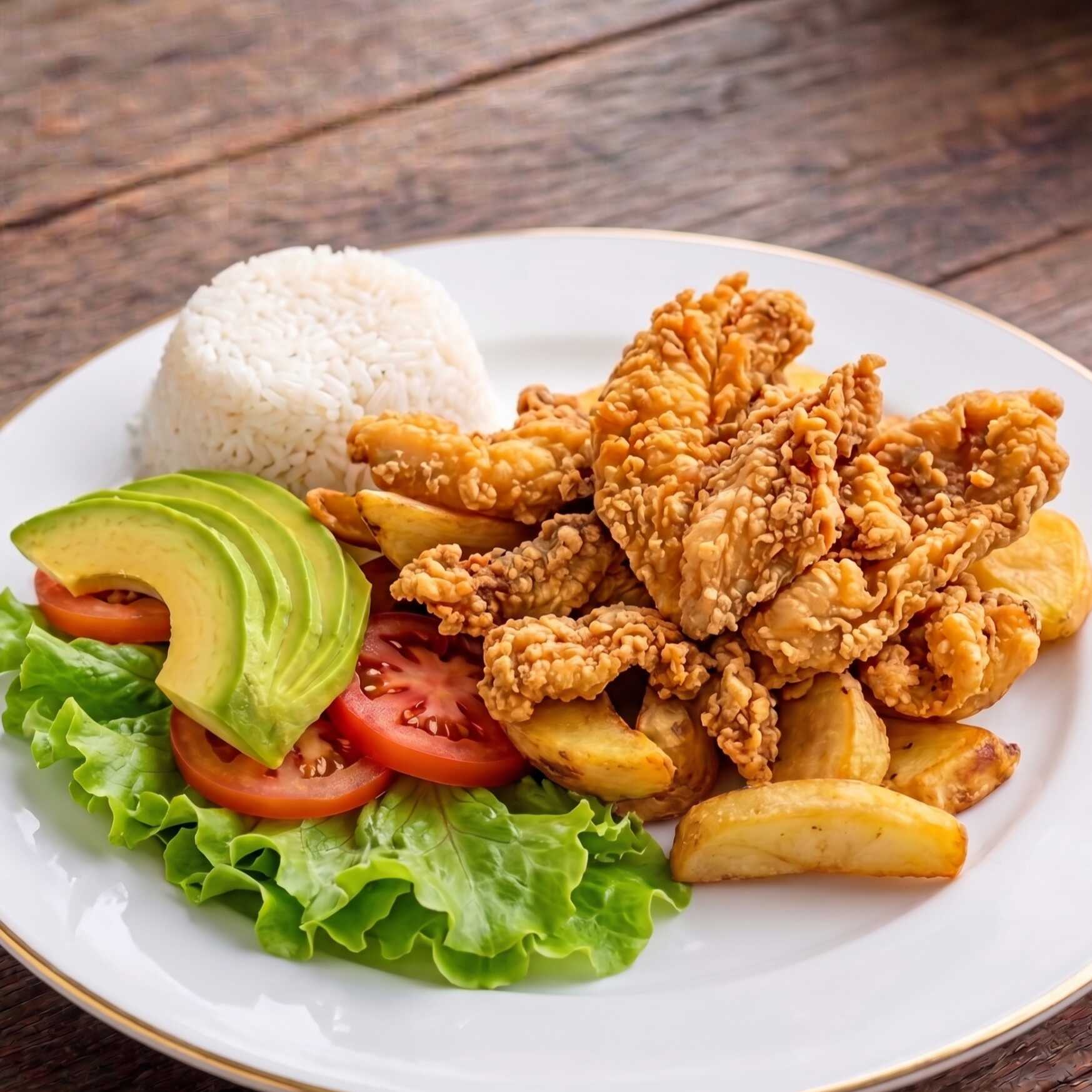 Chicharrón de pollo c/ papa frita y ensalada