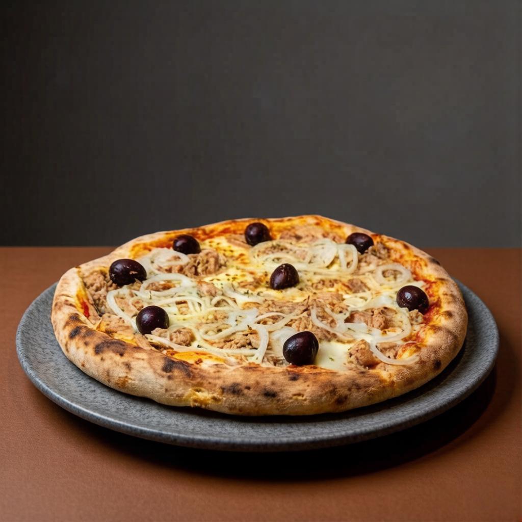 Molho de tomate, muçarela, atum sólido, cebola e azeitonas