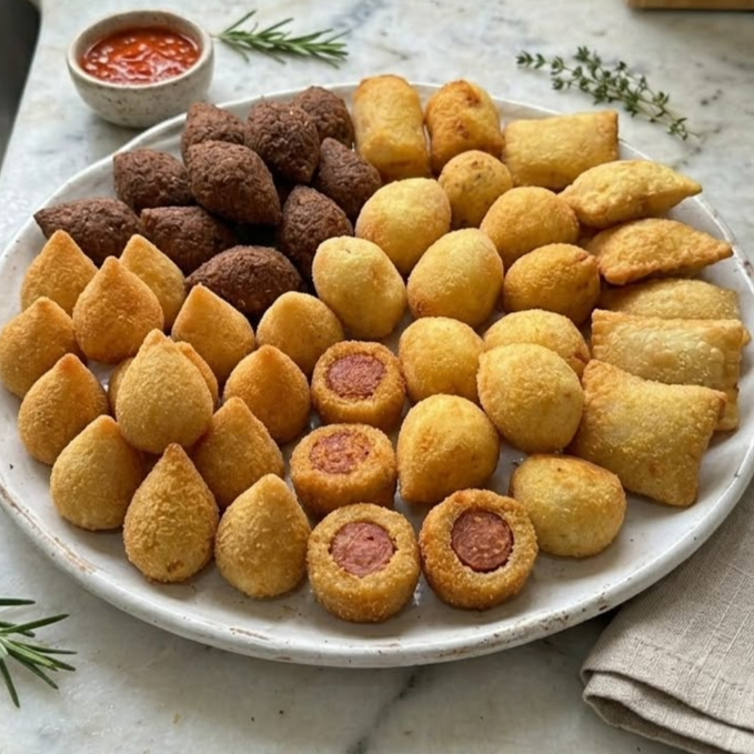 Perfeitos para compartilhar! São 70 salgadinhos variados, preparados com carinho e aquele sabor caseiro que todo mundo adora. Uma opção prática para festas, reuniões, lanches e momentos especiais. Preparados fresquinhos e bem recheados.