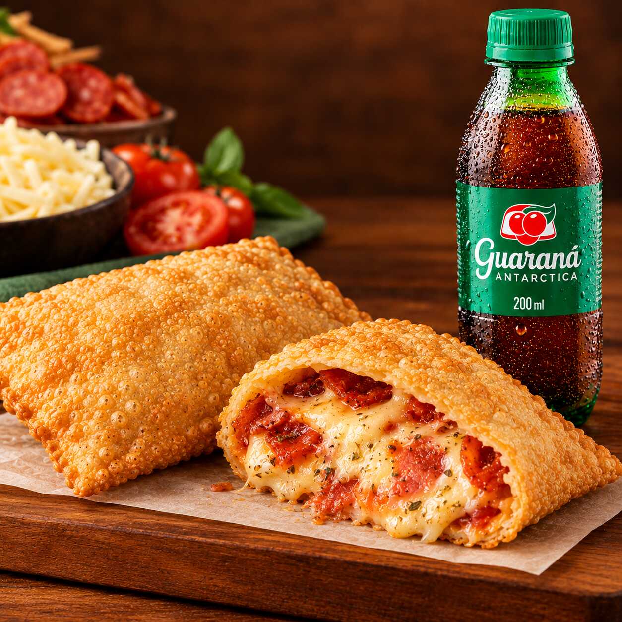 Pastel de pizza, crocante por fora e recheado com aquele sabor irresistível de pizza por dentro, acompanhado de um Guaraná bem gelado de 200ml.. A combinação perfeita para esquecer o estresse e curtir cada mordida!