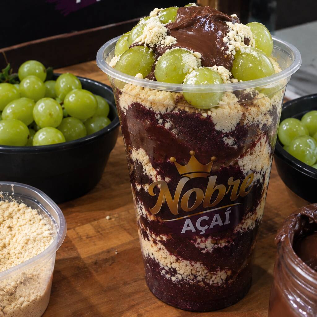 açai cremoso com creme de avelã ,leite em pó ,leite condensado e uva