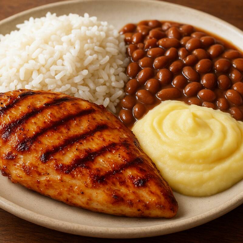 arroz branco, feijão preto, macarrão, filé de frango grelhado com salada verde ou purê de batata