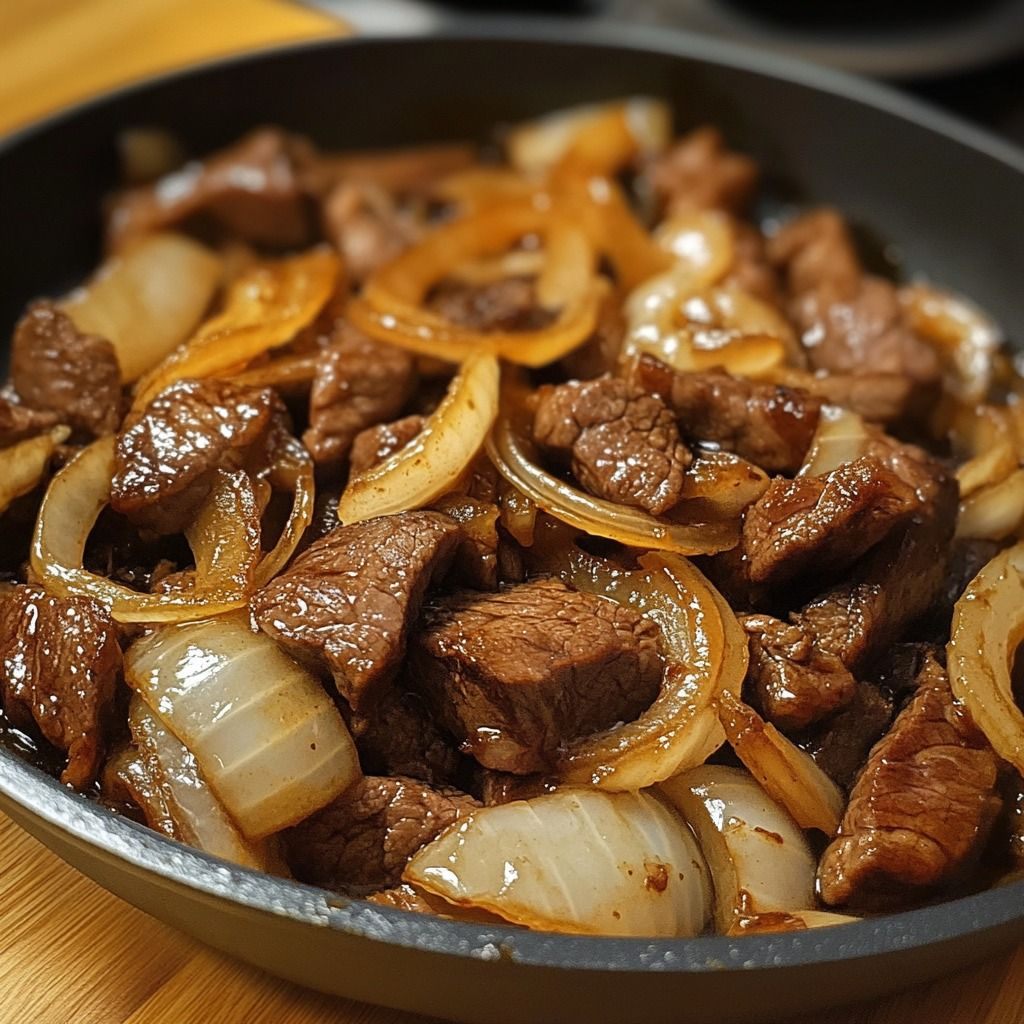 Iscas de Carne bovina (coxão mole) refogadas com cebola em molho oriental. Acompanha arroz yakimesh e batata frita.