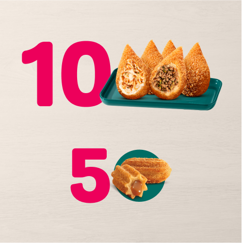 Combo com 10 Coxinhas Clássicas + 5 Minichurros de Doce de Leite por um preço especial. Corre e garanta essa delícia agora mesmo! Delícia que dá gosto!