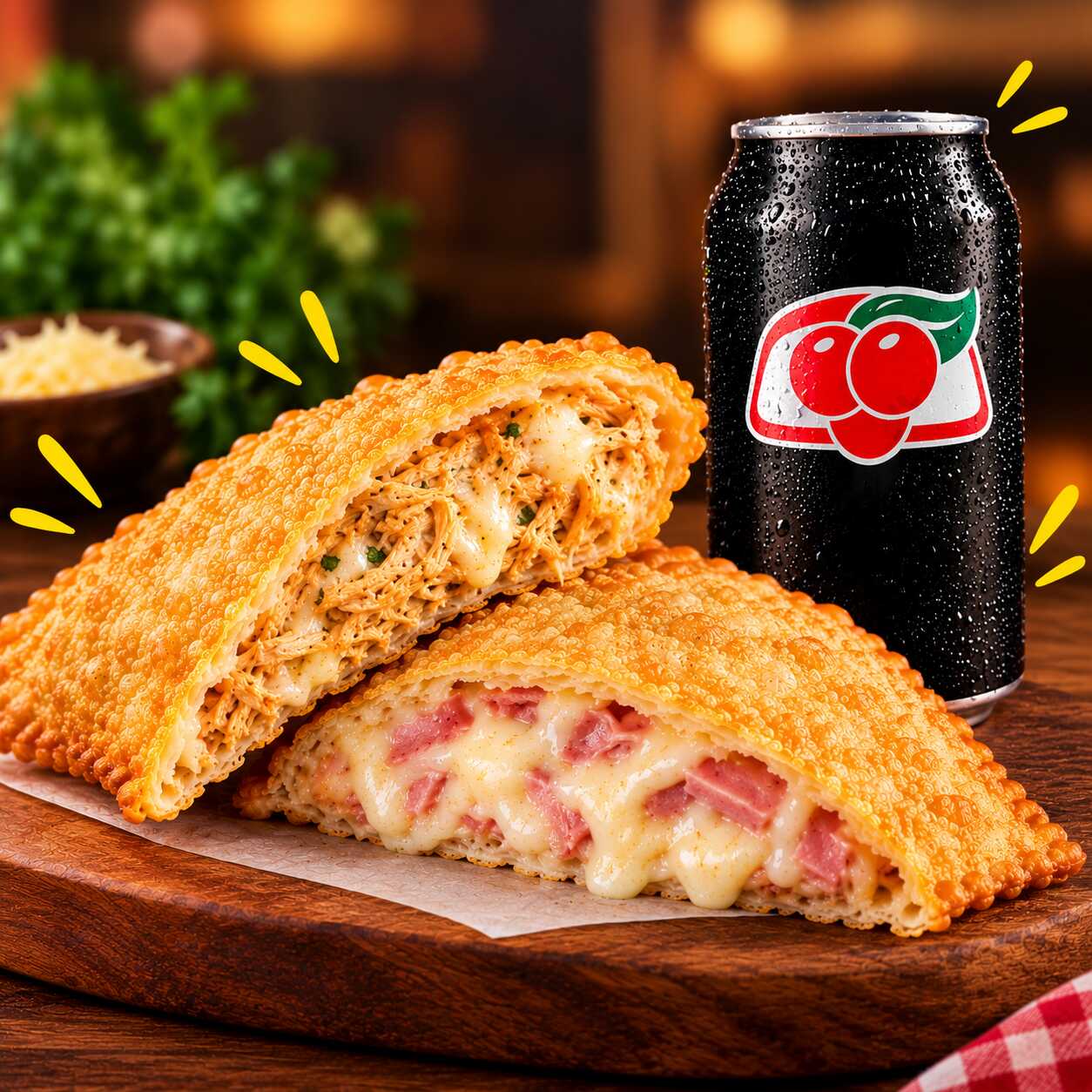 Dois pastéis para ninguém botar defeito: um de frango com queijo e outro de presunto e queijo, ambos bem crocantes e recheados, acompanhados de um Guaraná bem gelado de 200ml . Uma dupla de sabores que combina demais!