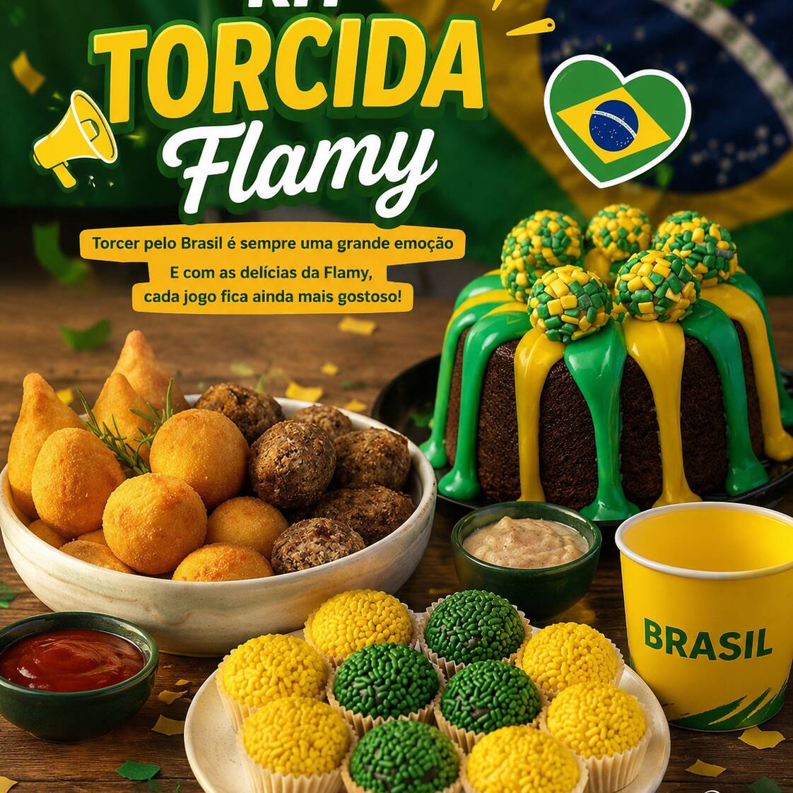 🇧🇷💛💚 Torcer pelo Brasil é sempre uma grande emoção, mas com o Kit Torcida Flamy tudo fica ainda mais gostoso!
Reúna a família, chame os amigos e aproveite cada lance com muito sabor. Afinal, não existe combinação melhor do que futebol, alegria e as delícias da Flamy!
Garanta o seu Kit Torcida e venha vibrar com a gente! ⚽🥳.
O que vem!
1 bolo caseirinho decorado verde amarelo (escolha o sabor)
15 docinhos beijinho e brigadeiro (Tema Brasil azul, verde, amarelo)
30 mini salgadinhos mistos
