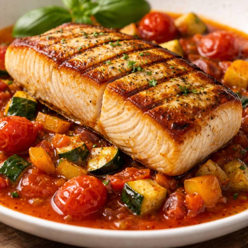 Filé de peixe do dia (pirarucu), assado com ervas, vinho branco e azeite, servido com batatas ao murro, brócolis, azeitonas e tomates assados.