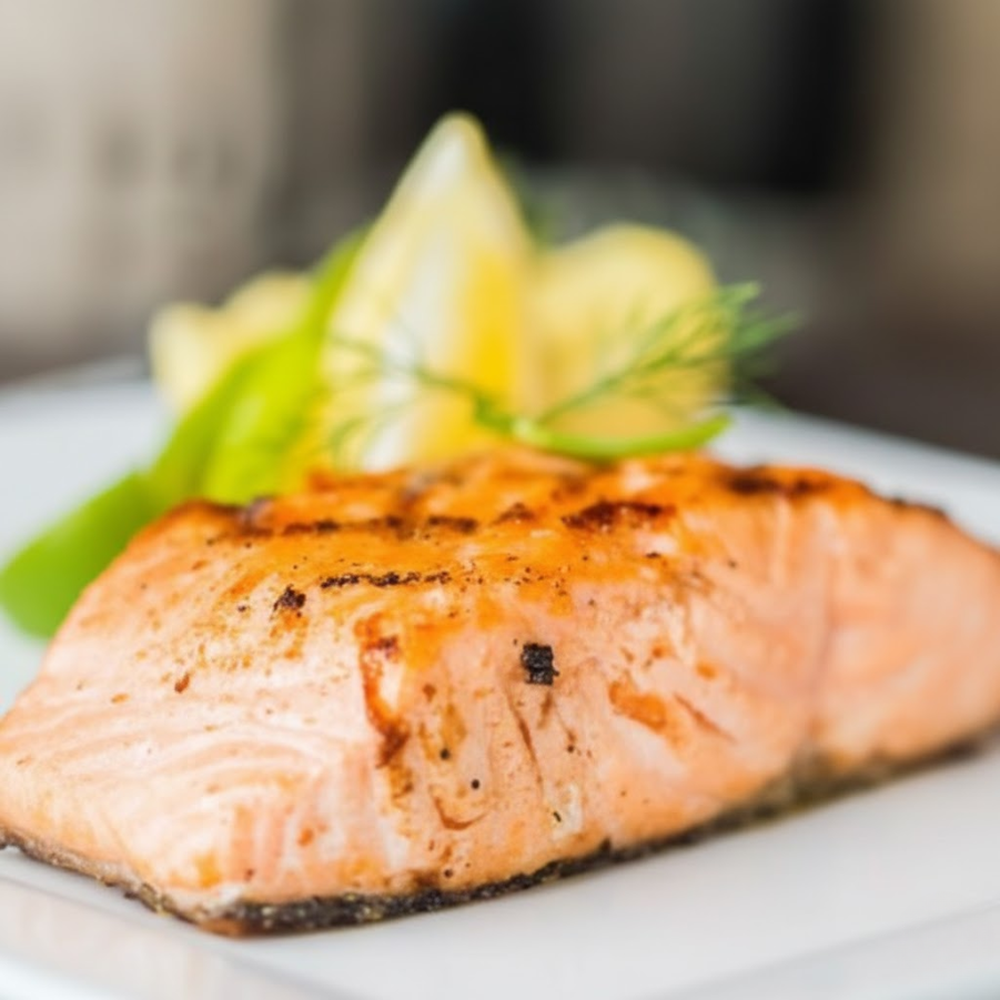1 posta de salmão grelhado no azeite, acompanha legumes e arroz à grega.
