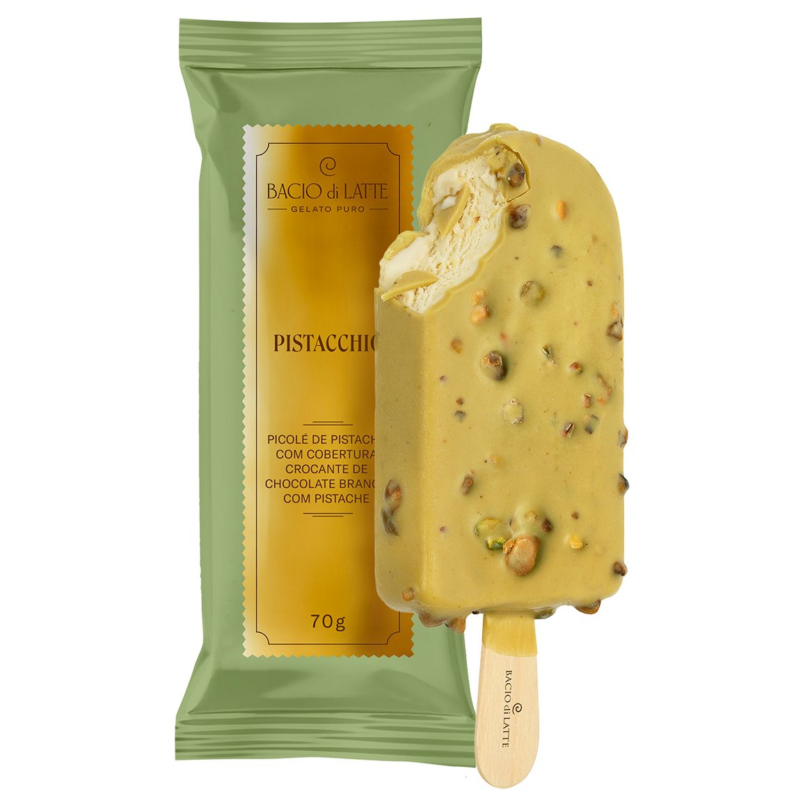 Picolé de Pistache com cobertura Crocante de Chocolate Branco com Pistache.