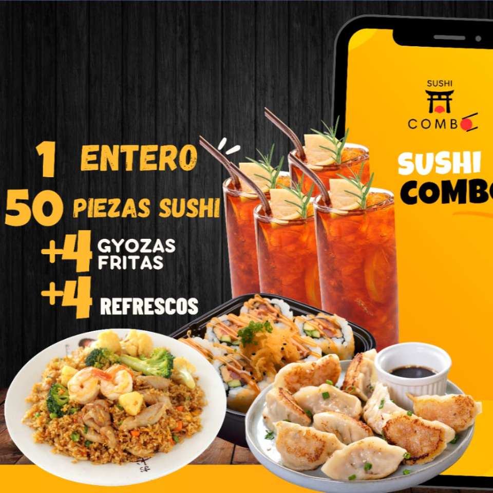 50 Sushi + 4 Té Fríos + 1 Entero Arroz Frito