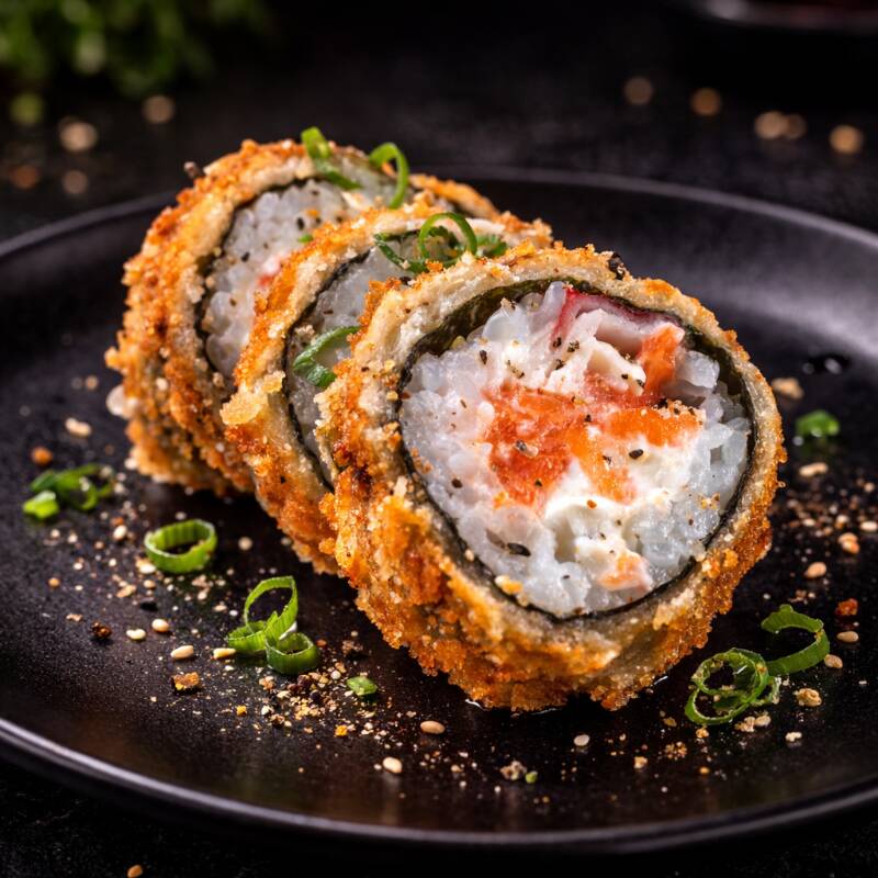 Salmão e camarão cozido empanado e cream cheese.