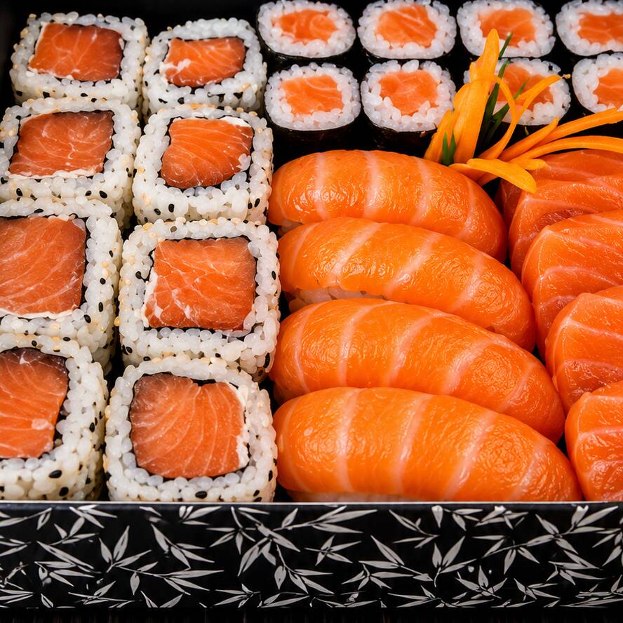 8uramaki de salmão 8hosomaki de salmão 4niguiri de salmão 5sashimis de salmão